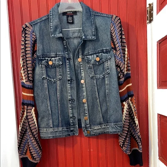 Flying Tomato Boho Women's Denim Jacket with Multicolor Knit Sweater Sleeves L - Picture 3 of 8